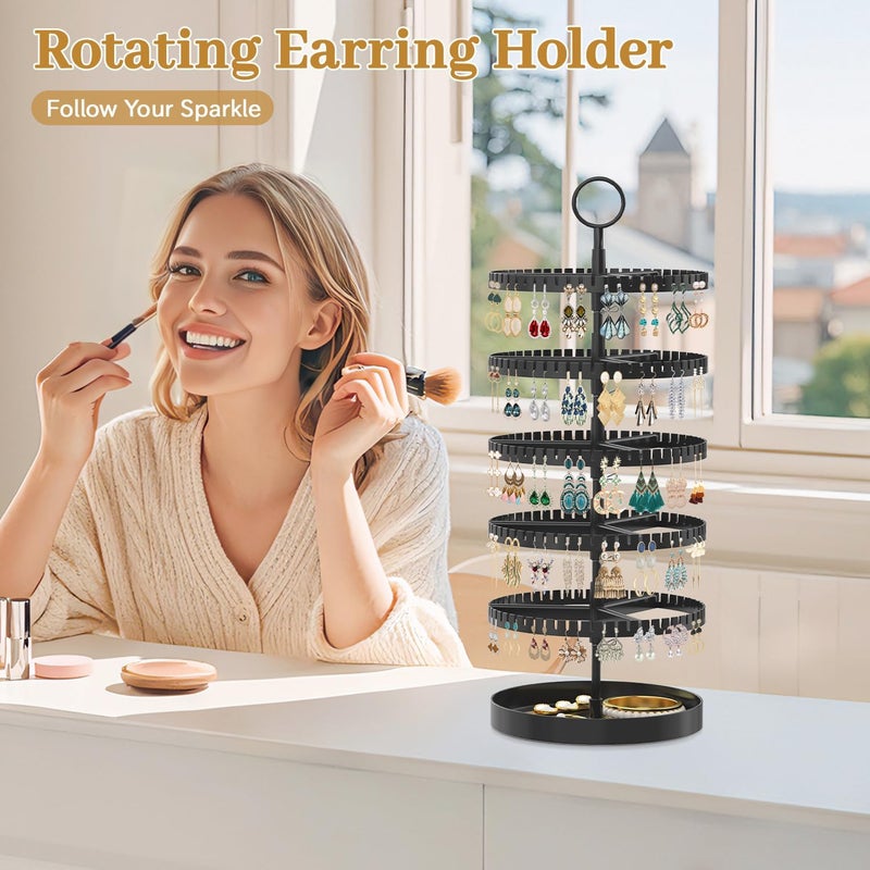 MODOWEY 5 Tier Rotating Earring Holder Organizer Display Tree with Metal Tray, Adjustable Plastic Stand with 285 Slots for Stud Hoop Hanger, Large Capacity Storage Rack for Women Space Saving, Black - Image 2
